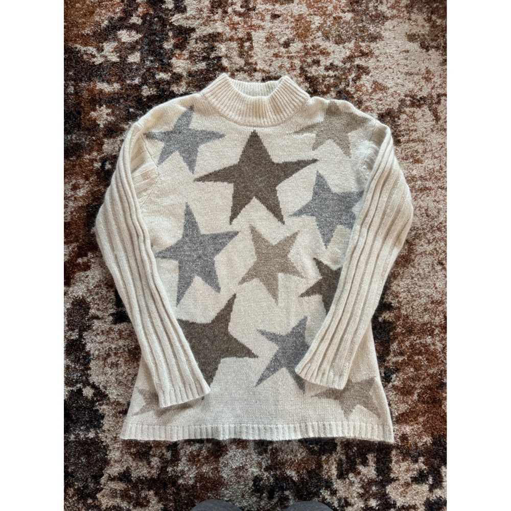 Segue Silk‎ Angora Blend Star vintage Mock Neck Ribbed Sweater Cream Grey Medium